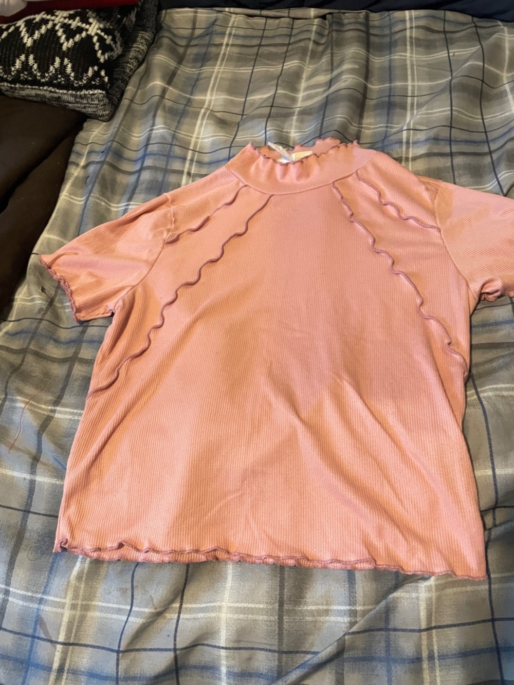 Ribbed Pink Ruffle-Trim Short Sleeve Tee